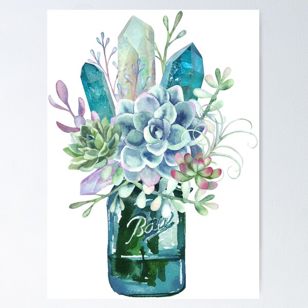 Aperçu de l'œuvre Succulentes, cristal, bouquet, cristaux, cactus, fleurs, pot à balles, vase, aquarelle créée et vendue par SouthPrints.