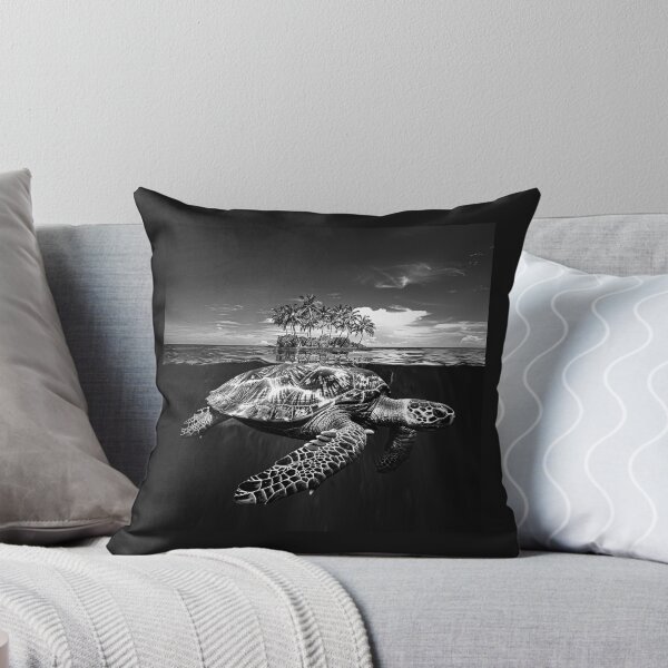 Item preview, Sea Turtle and Tropical Island | Black and White Ocean Wildlife Illustration designed and sold by inkoutninja.