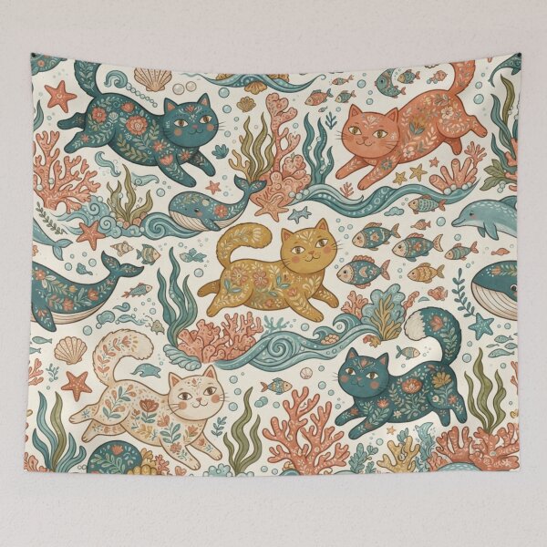 Item preview, Whimsical Ocean Cat Seamless Pattern designed and sold by Iampoji.