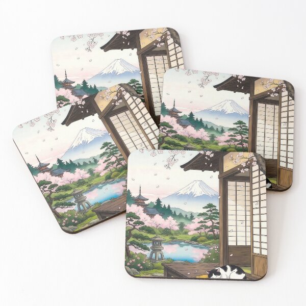 Item preview, Japanese Cat Sleeping Sakura Garden Mount Fuji designed and sold by pastbarack.