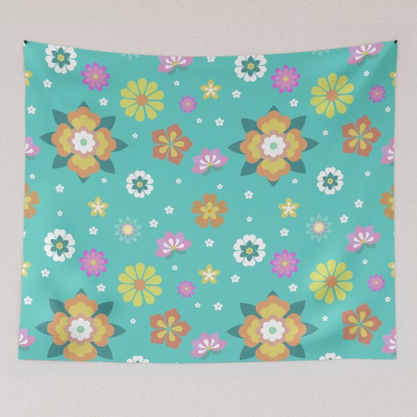 Item preview, Seamless floral pattern with colorful decorative flowers in a playful flat design style. Bright pastel flowers scattered on a turquoise background, creating a cheerful and lively surface pattern. designed and sold by Aumpuk.
