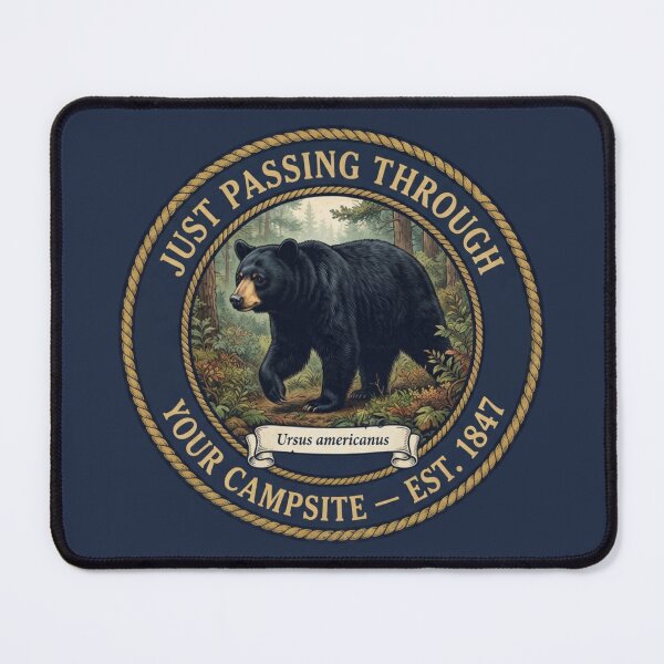 Item preview, Just Passing Through Campsite Bear Club Humor Badge designed and sold by CalmCapy Co.