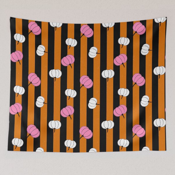 Item preview, Bold Pink and white pumpkin toss on black and burnt orange stripes designed and sold by PrettywithColor.