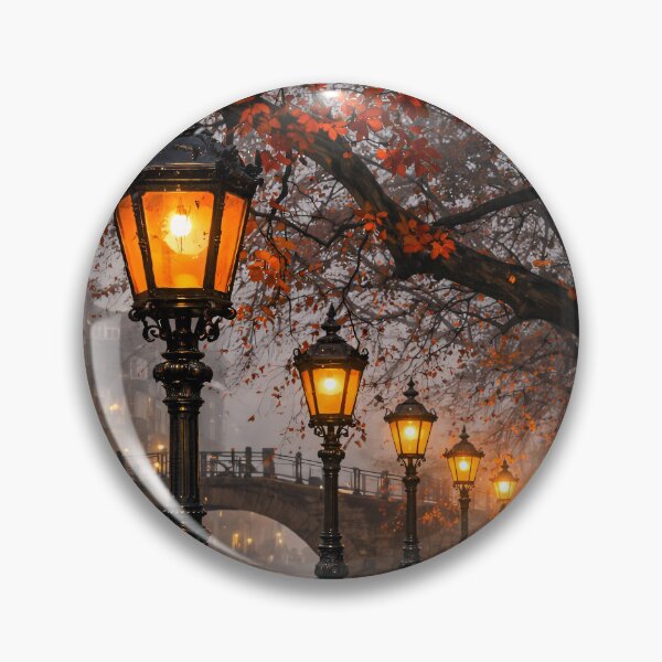 Item preview, Autumn Canal at Night – Glowing Vintage Street Lamps Romantic City Print designed and sold by Kaleidoscope Print.