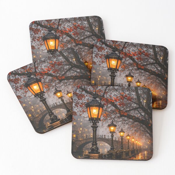 Item preview, Autumn Canal at Night – Glowing Vintage Street Lamps Romantic City Print designed and sold by Kaleidoscope Print.