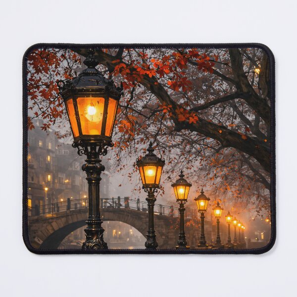 Item preview, Autumn Canal at Night – Glowing Vintage Street Lamps Romantic City Print designed and sold by Kaleidoscope Print.