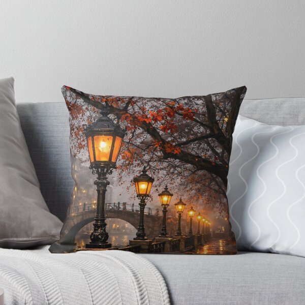 Item preview, Autumn Canal at Night – Glowing Vintage Street Lamps Romantic City Print designed and sold by Kaleidoscope Print.