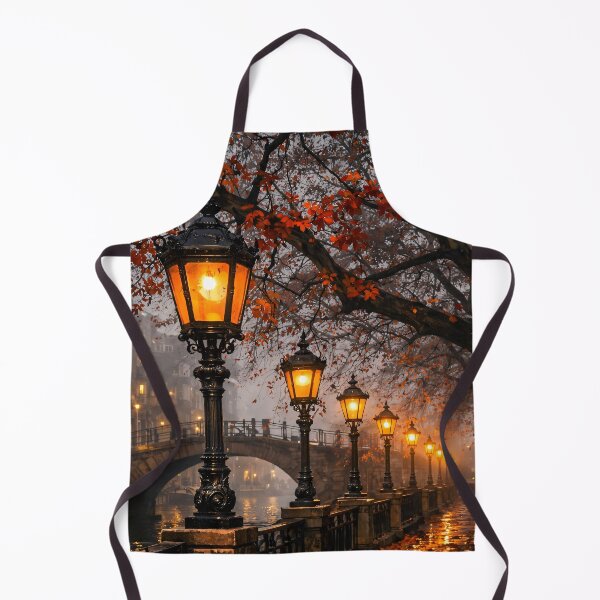 Item preview, Autumn Canal at Night – Glowing Vintage Street Lamps Romantic City Print designed and sold by Kaleidoscope Print.