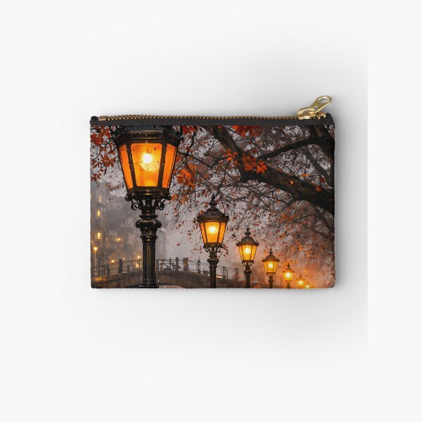 Item preview, Autumn Canal at Night – Glowing Vintage Street Lamps Romantic City Print designed and sold by Kaleidoscope Print.