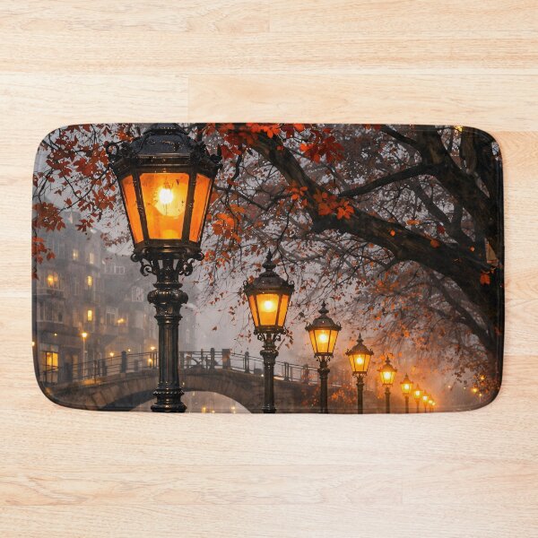 Item preview, Autumn Canal at Night – Glowing Vintage Street Lamps Romantic City Print designed and sold by Kaleidoscope Print.