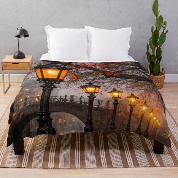 Item preview, Autumn Canal at Night – Glowing Vintage Street Lamps Romantic City Print designed and sold by Kaleidoscope Print.