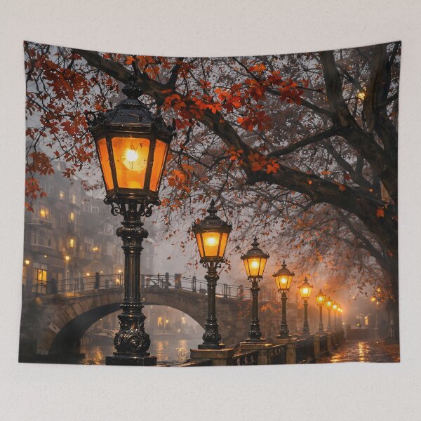 Item preview, Autumn Canal at Night – Glowing Vintage Street Lamps Romantic City Print designed and sold by Kaleidoscope Print.