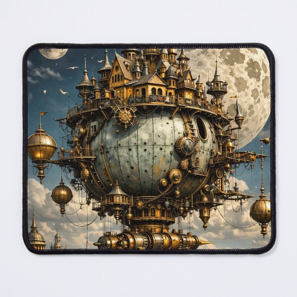 Item preview, Steampunk Flying Castle Airship – Moonlit Fantasy Sky City Print designed and sold by Kaleidoscope Print.