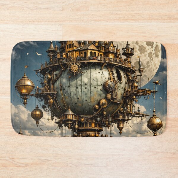 Item preview, Steampunk Flying Castle Airship – Moonlit Fantasy Sky City Print designed and sold by Kaleidoscope Print.