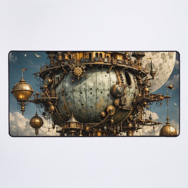 Item preview, Steampunk Flying Castle Airship – Moonlit Fantasy Sky City Print designed and sold by Kaleidoscope Print.