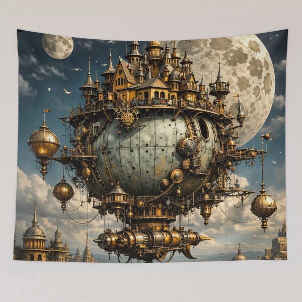 Item preview, Steampunk Flying Castle Airship – Moonlit Fantasy Sky City Print designed and sold by Kaleidoscope Print.
