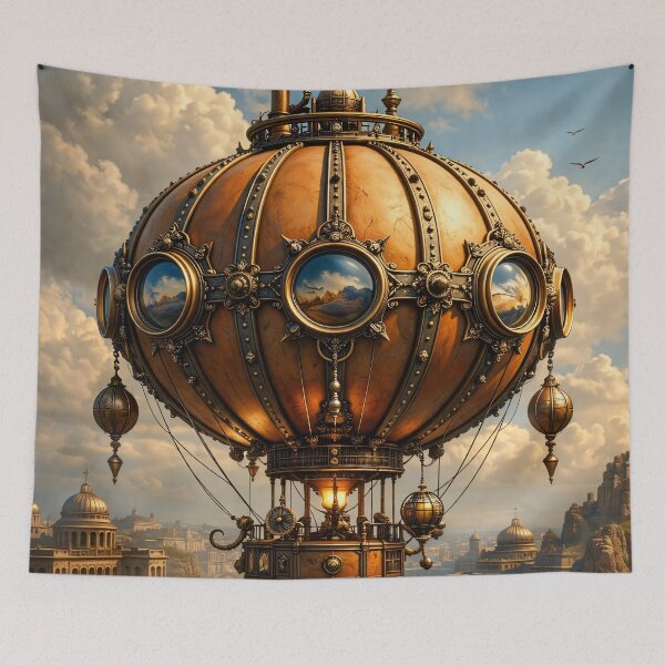Item preview, Steampunk Hot Air Balloon Airship – Vintage Fantasy Flying Machine Print designed and sold by Kaleidoscope Print.