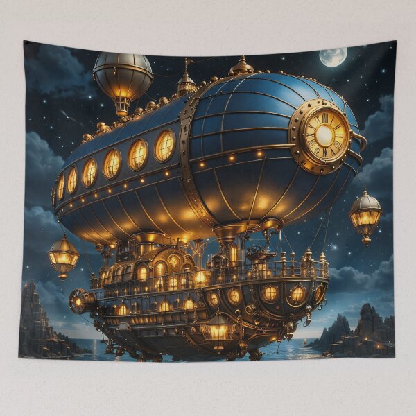 Item preview, Moonlit Steampunk Airship – Fantasy Clockwork Flying Ship Adventure Print designed and sold by Kaleidoscope Print.