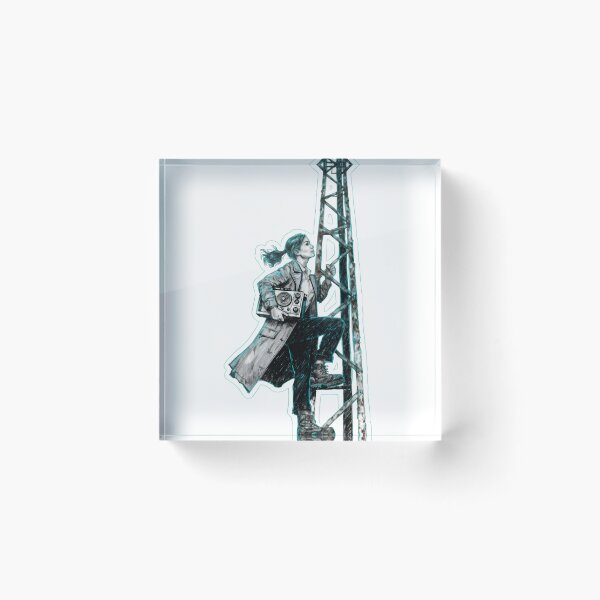 Item preview, Woman in trench coat climbing radio as PNG element designed and sold by Creative88Art.