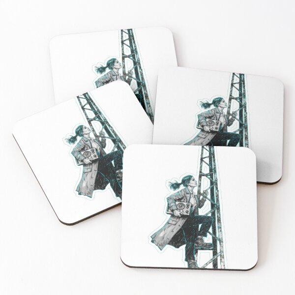 Item preview, Woman in trench coat climbing radio as PNG element designed and sold by Creative88Art.