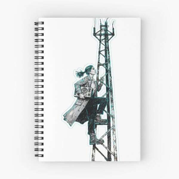 Item preview, Woman in trench coat climbing radio as PNG element designed and sold by Creative88Art.