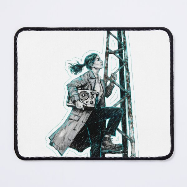 Item preview, Woman in trench coat climbing radio as PNG element designed and sold by Creative88Art.