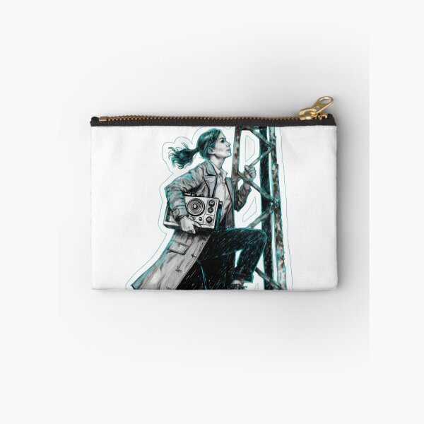 Item preview, Woman in trench coat climbing radio as PNG element designed and sold by Creative88Art.