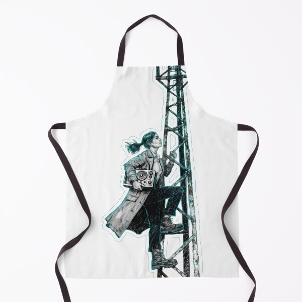 Item preview, Woman in trench coat climbing radio as PNG element designed and sold by Creative88Art.