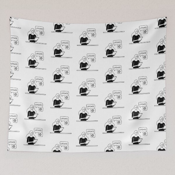 Item preview, Someone holding a tablet while standing next to update notes designed and sold by rasagamastore.