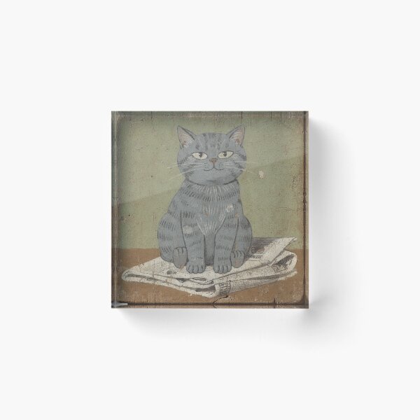 Item preview, Smug Chartreux Cat Sitting on the Newspaper Folk Art designed and sold by PictorialWhimsy.