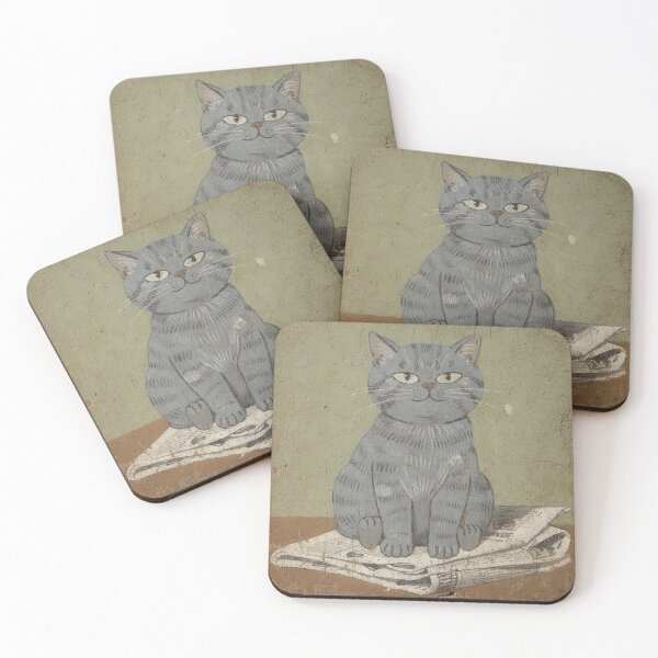 Item preview, Smug Chartreux Cat Sitting on the Newspaper Folk Art designed and sold by PictorialWhimsy.