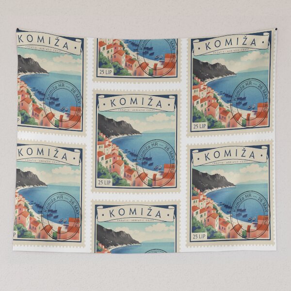 Item preview, Komiža Croatia Volcanic Cliffs Harbor Stamp Sticker designed and sold by stickercuffs.