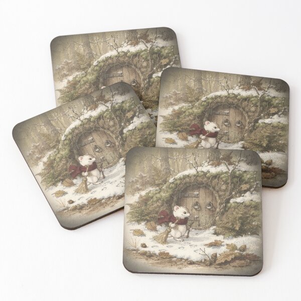 Item preview, Stoat Folk Sweeping Fresh Snow From the Doorstep Storybook Art designed and sold by PictorialWhimsy.