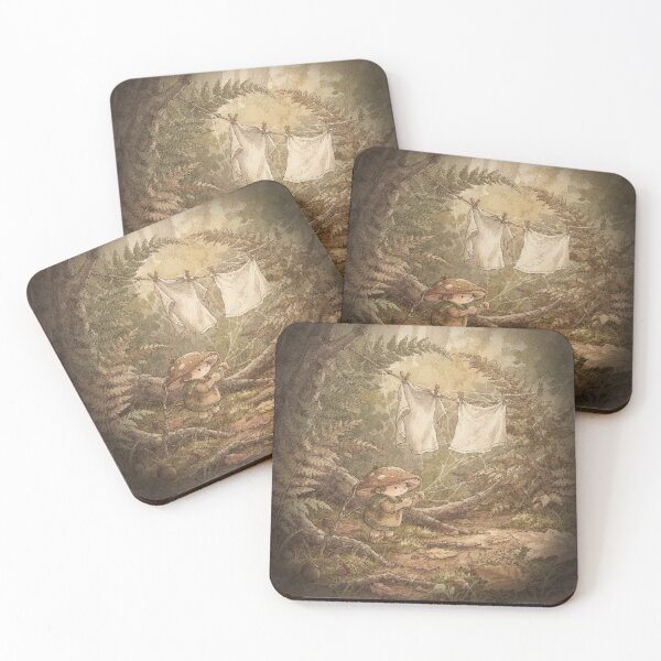 Item preview, Toadstool Sprite Hanging Laundry Between Two Ferns Storybook Art designed and sold by PictorialWhimsy.