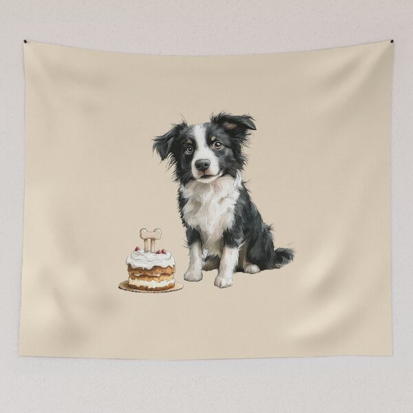 Item preview, Cute Border Collie with Birthday Cake and Bone Topper designed and sold by Erika Kaisersot.