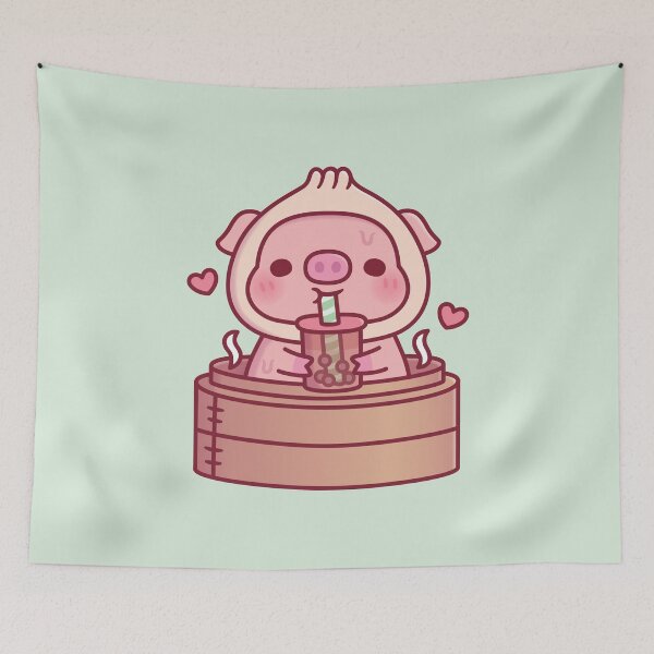 Item preview, Cute Xiao Long Bao Pig Drinks Boba Tea In Steamer Basket designed and sold by rustydoodle.