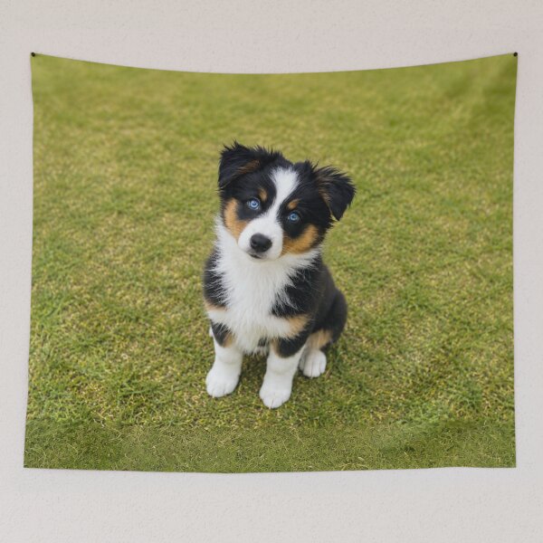 Item preview, Blue-Eyed Australian Shepherd Puppy on Green Grass designed and sold by Wild Bloom Paws.