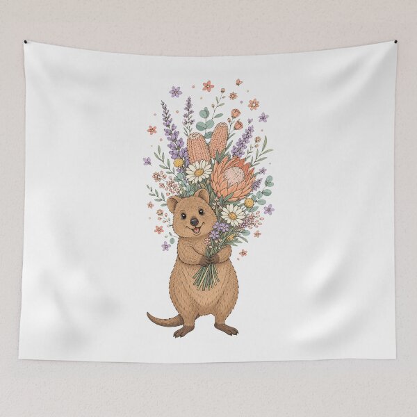 Item preview, Quokka feliz con ramo de flores australianas designed and sold by AntiqueImages.