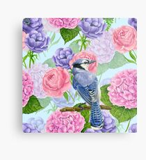 Blue jay and flowers watercolor pattern Metal Print