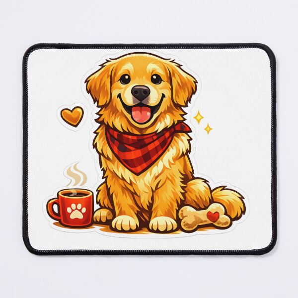 Item preview, Cozy Golden Retriever Puppy Sticker – Cute Dog with Bandana, Coffee Mug & Bone Illustration designed and sold by Sahil Randhawa.