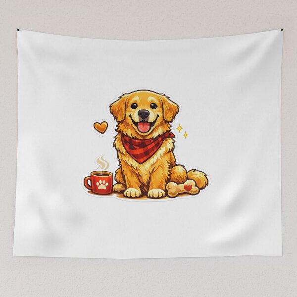 Item preview, Cozy Golden Retriever Puppy Sticker – Cute Dog with Bandana, Coffee Mug & Bone Illustration designed and sold by Sahil Randhawa.