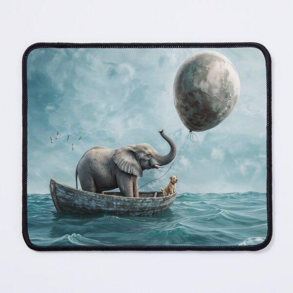 Item preview, Surreal Dream Journey, Elephant and Dog in a Boat Following a Moon Balloon designed and sold by Mike Kiev art.