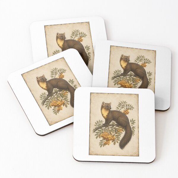 Item preview, Luminous Pine Marten and Rowan Branch Print — Glowing Vintage Rewilding Wildlife Art designed and sold by Brackenlume Studio.