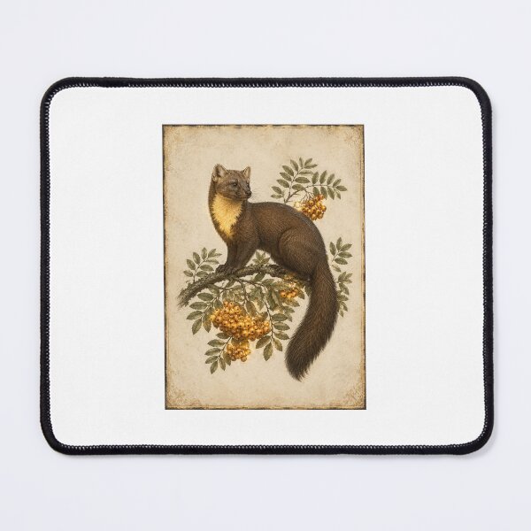Item preview, Luminous Pine Marten and Rowan Branch Print — Glowing Vintage Rewilding Wildlife Art designed and sold by Brackenlume Studio.