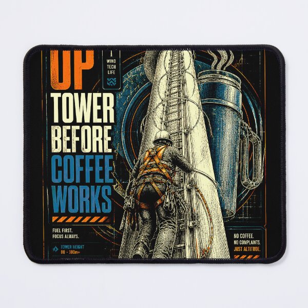 Item preview, Up Tower Before Coffee Works Wind Turbine Technician designed and sold by RoyalOrderGallery.