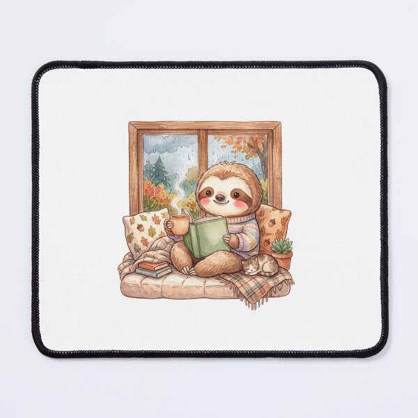 Item preview, Cute Sloth Reading by Rainy Window with Coffee and Sleeping Cat designed and sold by abdelski.