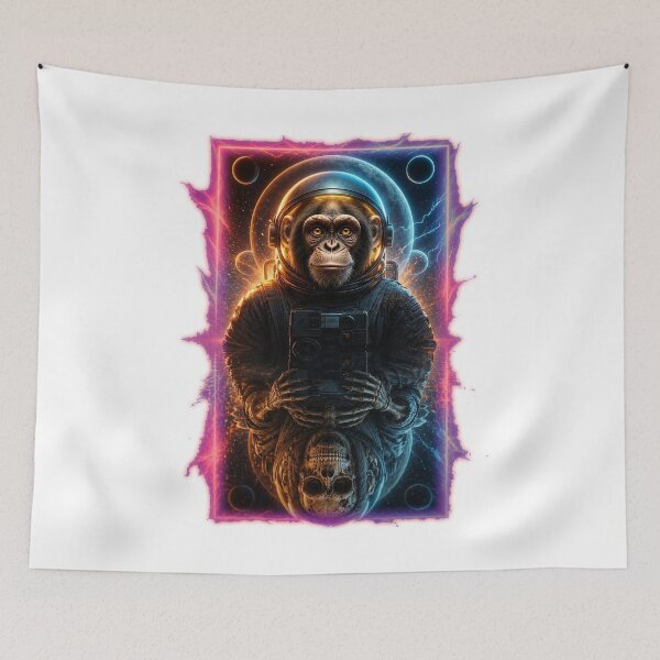 Item preview, Cosmic Chimp Astronaut with Skeletal Reflection | Dark Space Art | Sci-Fi Gothic | Surreal Ape | Neon Galaxy | Cyberpunk Wall Art designed and sold by A-T-H.