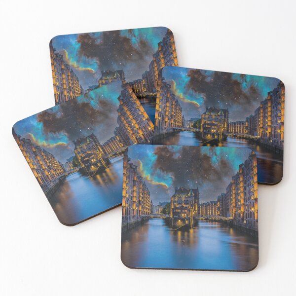 Item preview, Hamburg Speicherstadt Water Castle under a magical starry sky designed and sold by Mauswohn.