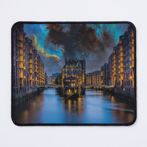 Item preview, Hamburg Speicherstadt Water Castle under a magical starry sky designed and sold by Mauswohn.