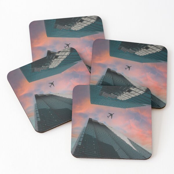 Item preview, Airplane over skyscrapers at a dramatic sunset designed and sold by Mauswohn.